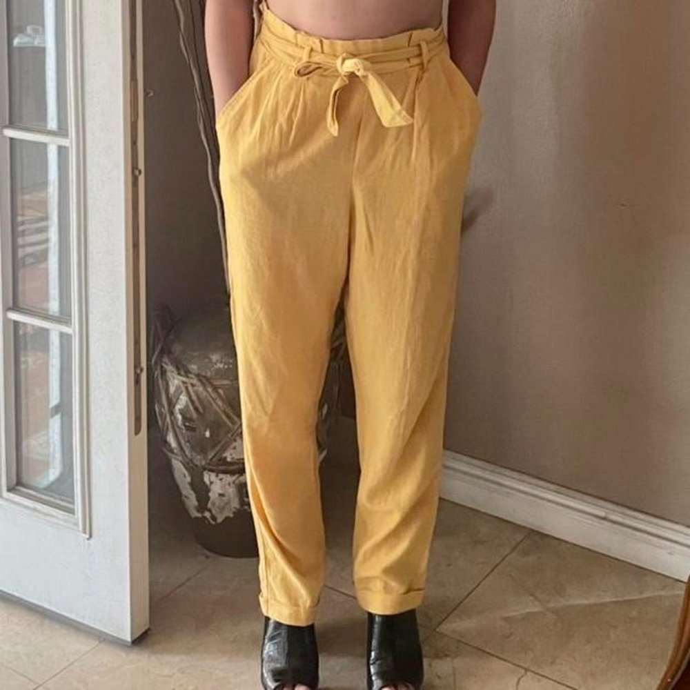 Yellow Highwaisted Paperbag Straight Leg Pants